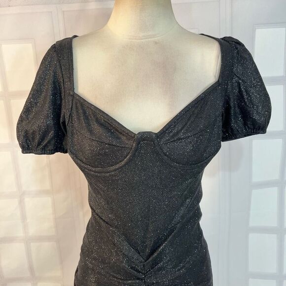 Prettylittlething Black NWT Glitter Ruched Puff Sleeve Cup Detail Bodycon Dress - Picture 4 of 13